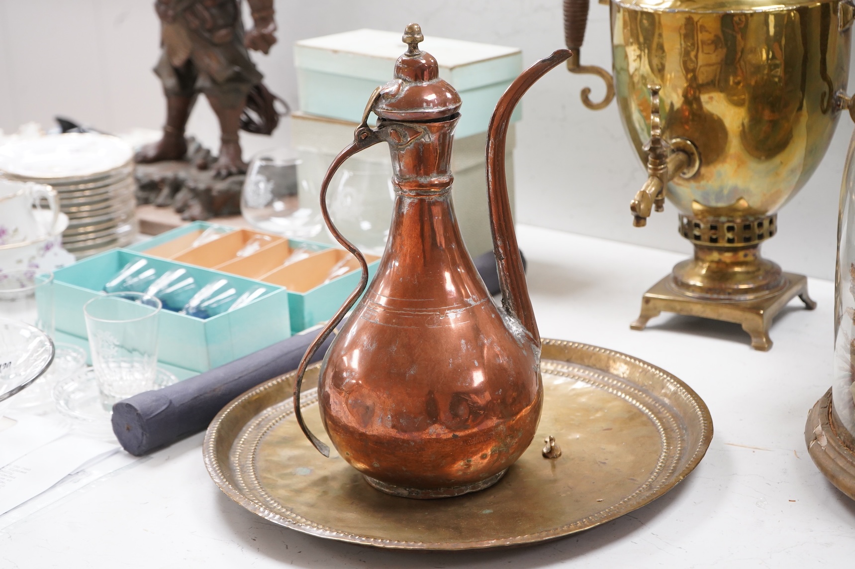 A Turkish brass samovar, a brass tray and a Middle Eastern coffee pot, largest 57cm high